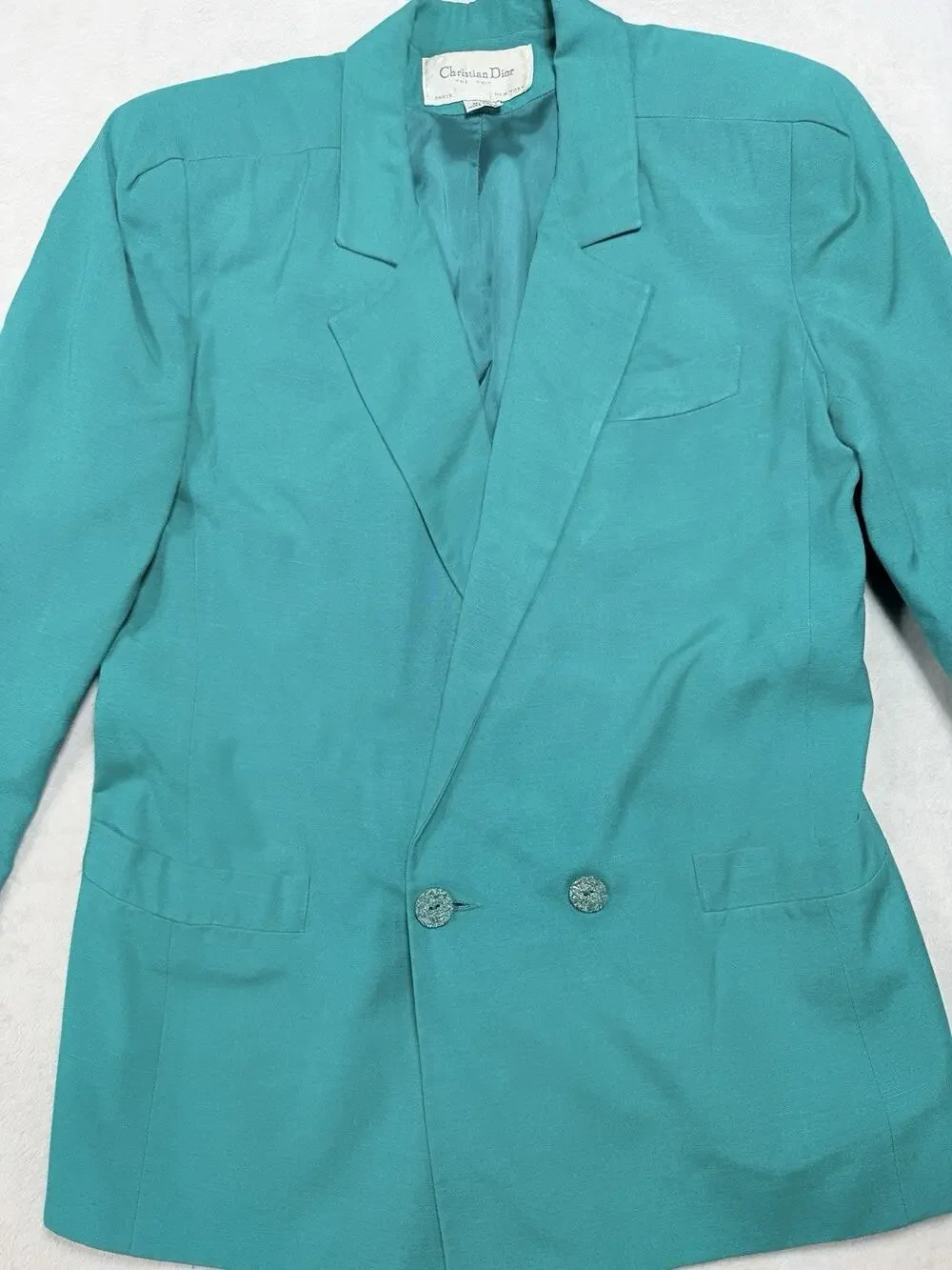 Christian Dior VTG 100% Natural Linen Blazer Jacket Teal Green Size M 8/10